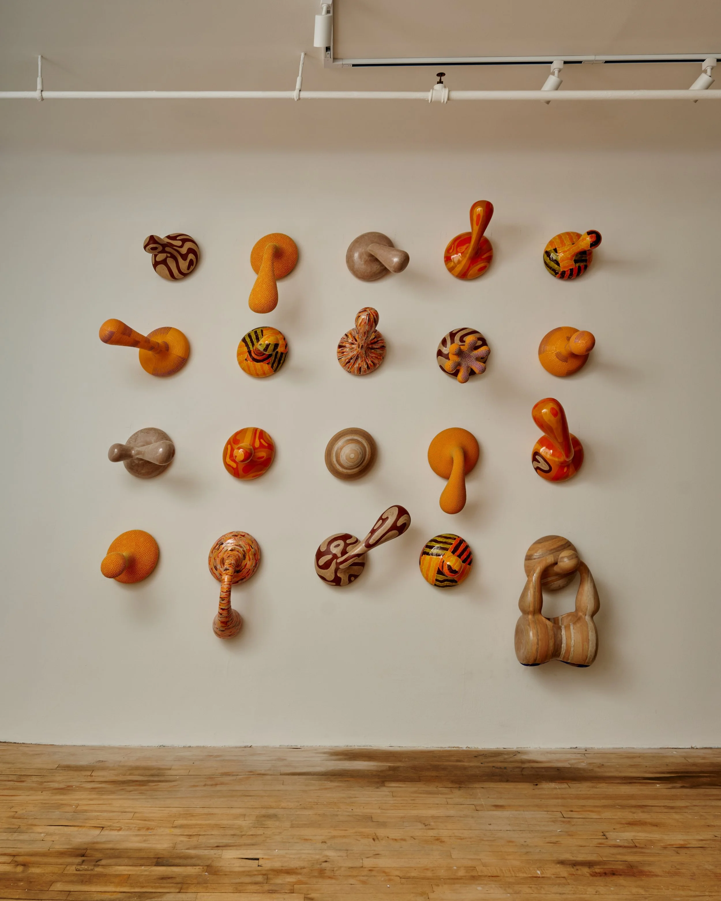 Wall-mounted contemporary art sculptures resembling abstract organic forms in orange, yellow, brown, and natural wood tones displayed on a white wall in an art gallery. Joël Brodovsky-Adams.