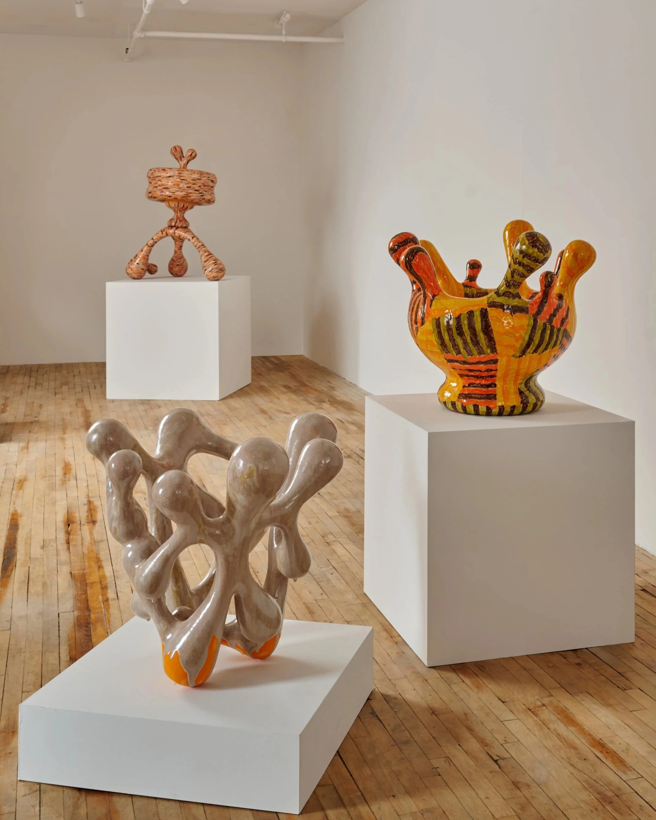 Three abstract art sculptures placed on white pedestals in a gallery space with wooden flooring and white walls. Joël Brodovsky-Adams.