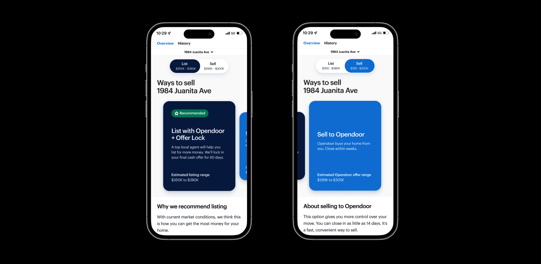 iPhone designs of Opendoor's multiple selling options, List with Opendoor and Sell to Opendoor.