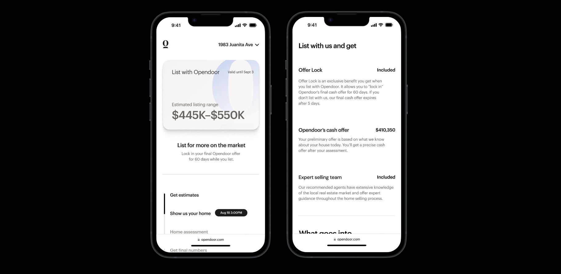 Screenshots of Opendoor's website, showing "List with Opendoor".