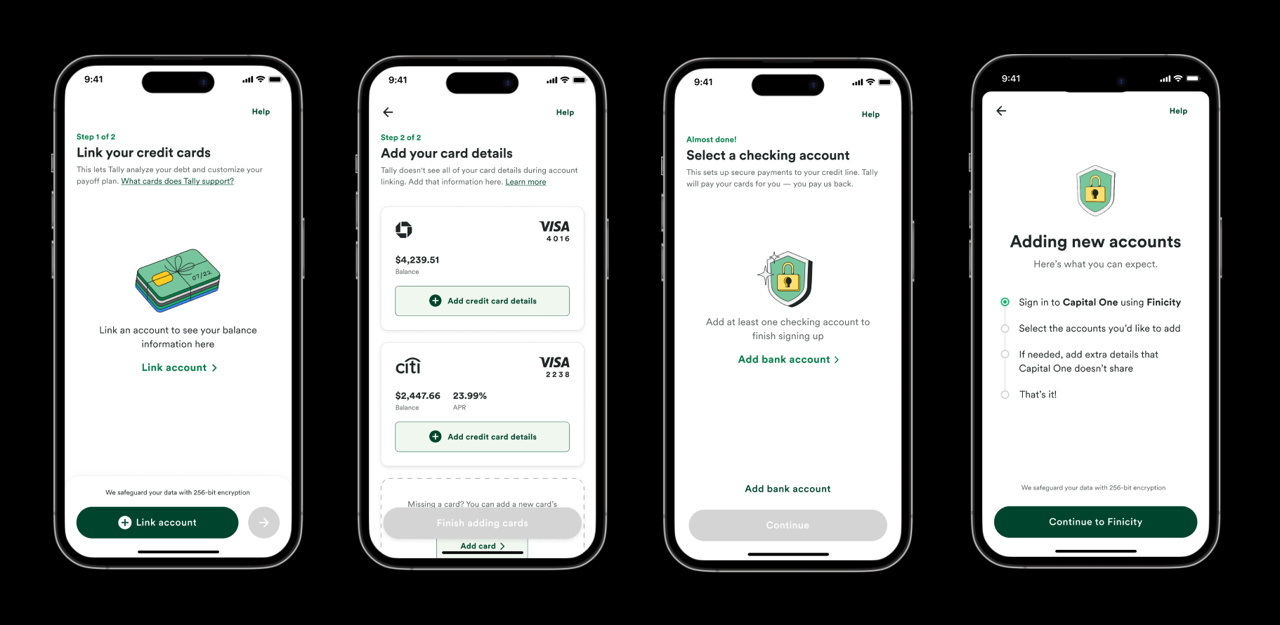 iPhone screenshots of Tally's credit card linking design.