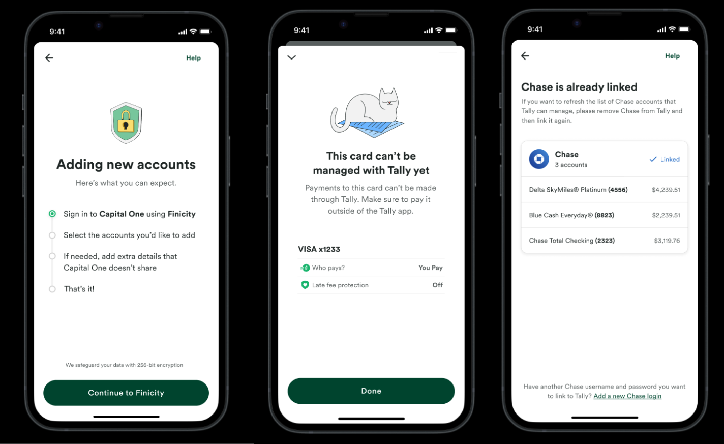 Assorted account management screens (Tally)