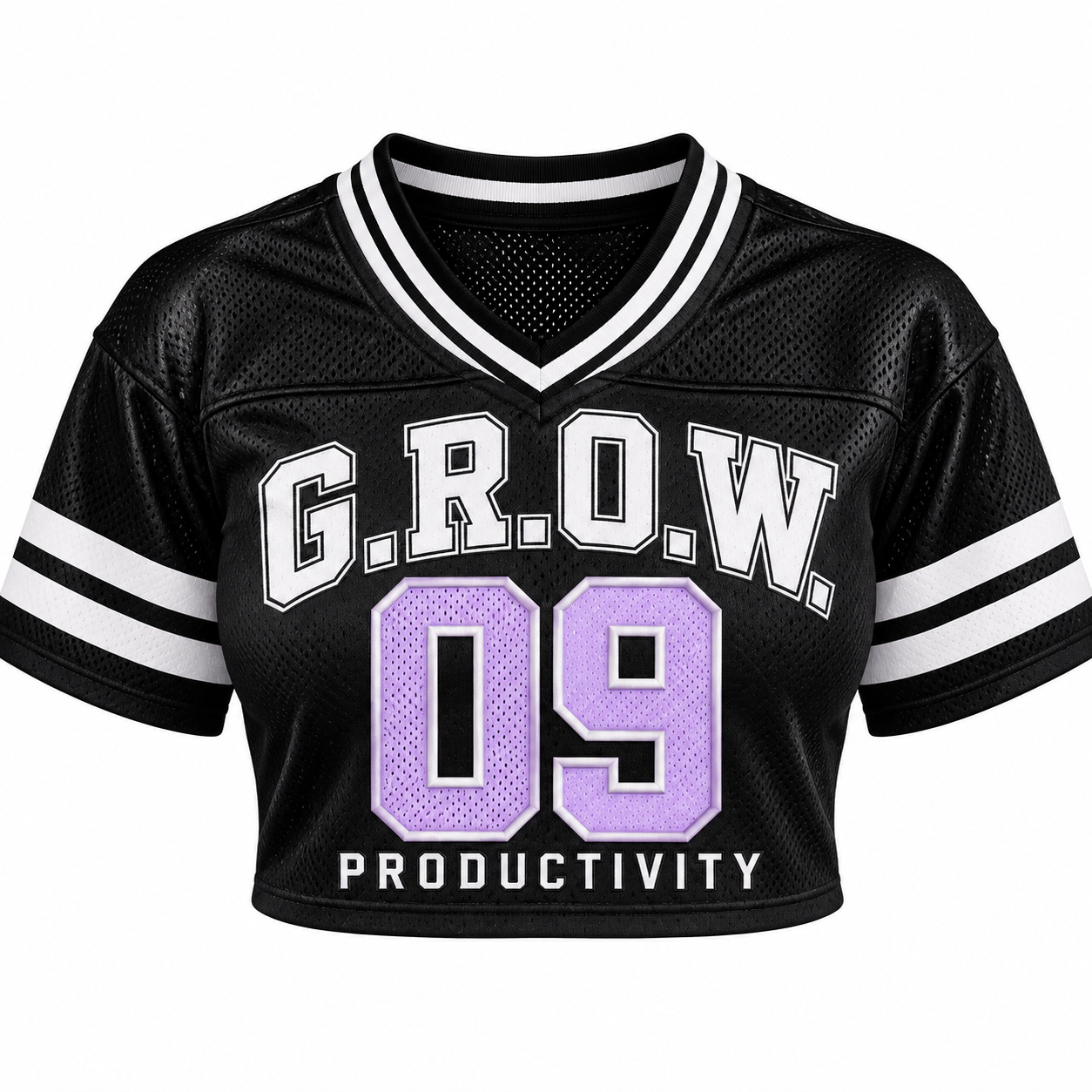 Black athletic jersey with white and purple lettering and numbering, reading "G.R.O.W. 09 Productivity".
