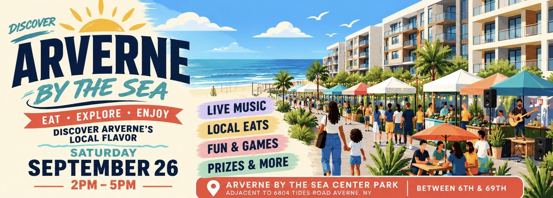 Promotional poster for Arverne by the Sea event featuring a beach scene with clear blue sky, ocean, and modern buildings. The event offers live music, local eats, fun and games, and prizes on Saturday, September 26, from 2pm to 5pm at Arverne by the Sea Center Park, next to 6804 Tides Road, Arverne, NY.