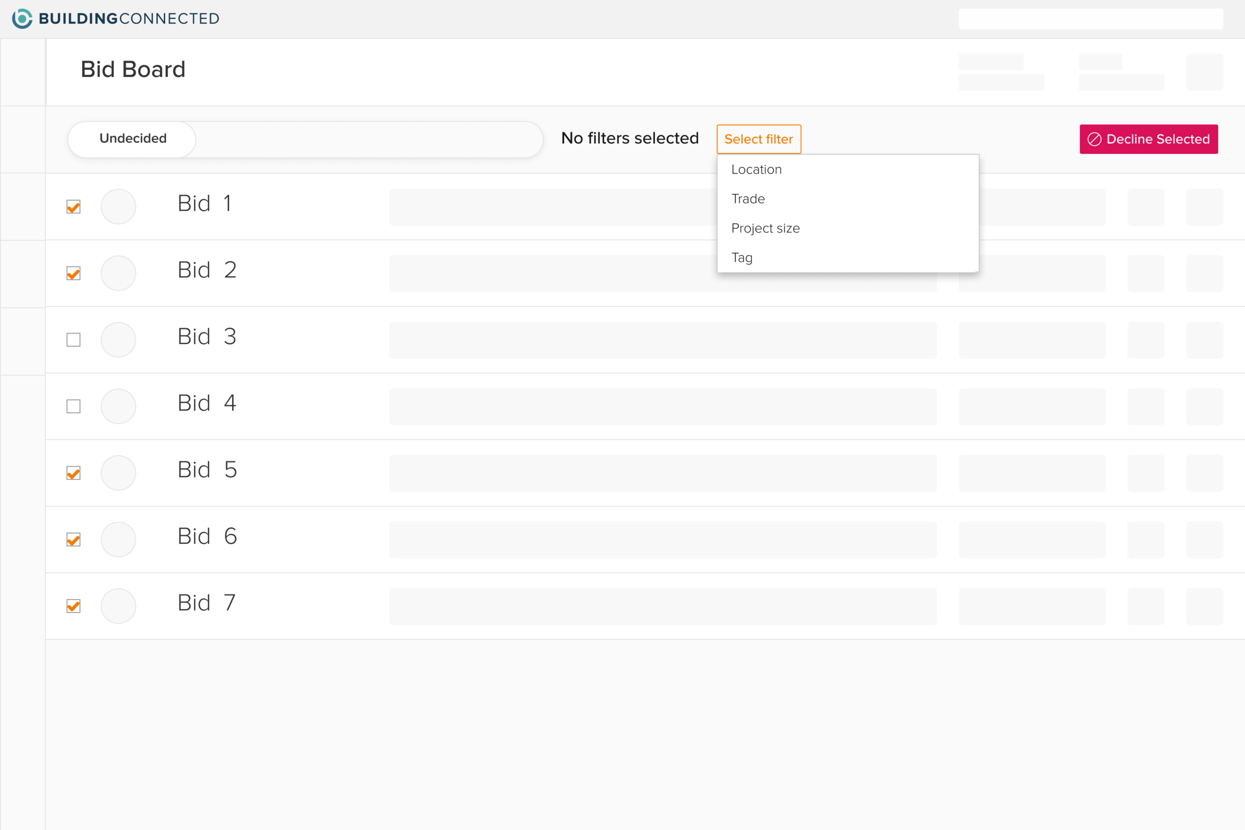 Option 1: Lets users filter Bid Board, select multiple junk bids, and bulk-decline.