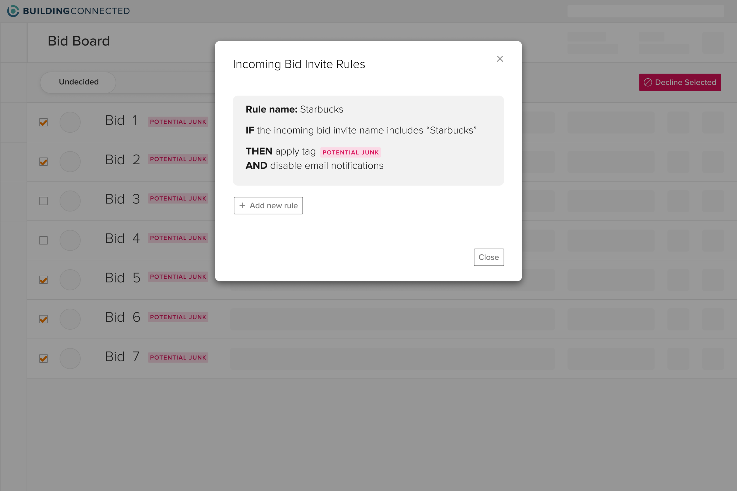 Option 3: Lets users auto-apply tags to junk bids ITTT rules. Then they can filter by those tags, verify the filtered bids are junk, and bulk-decline. This also automates turning off email notifications.
