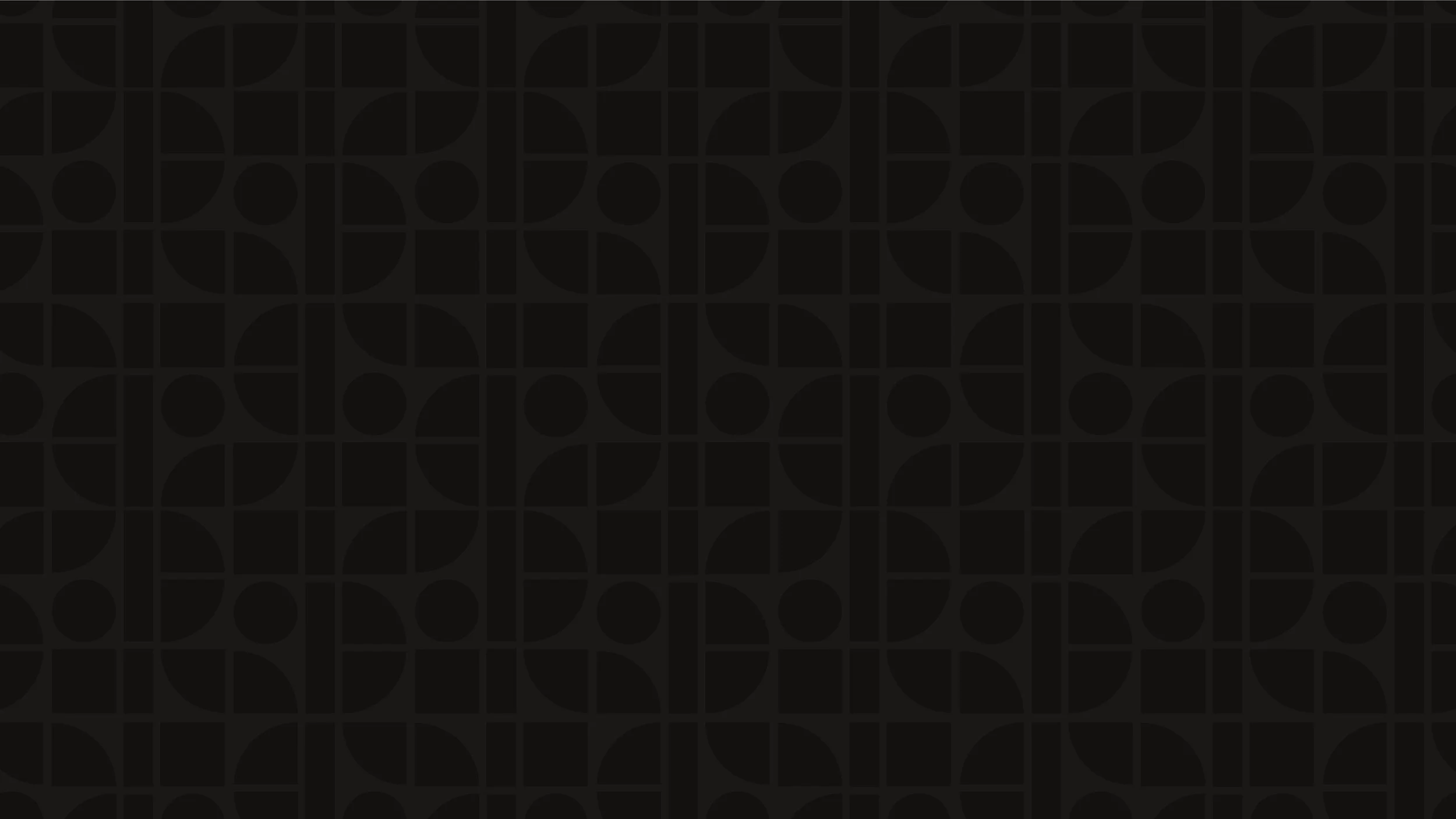 Black geometric patterned background with circles, squares, and quarter circles.