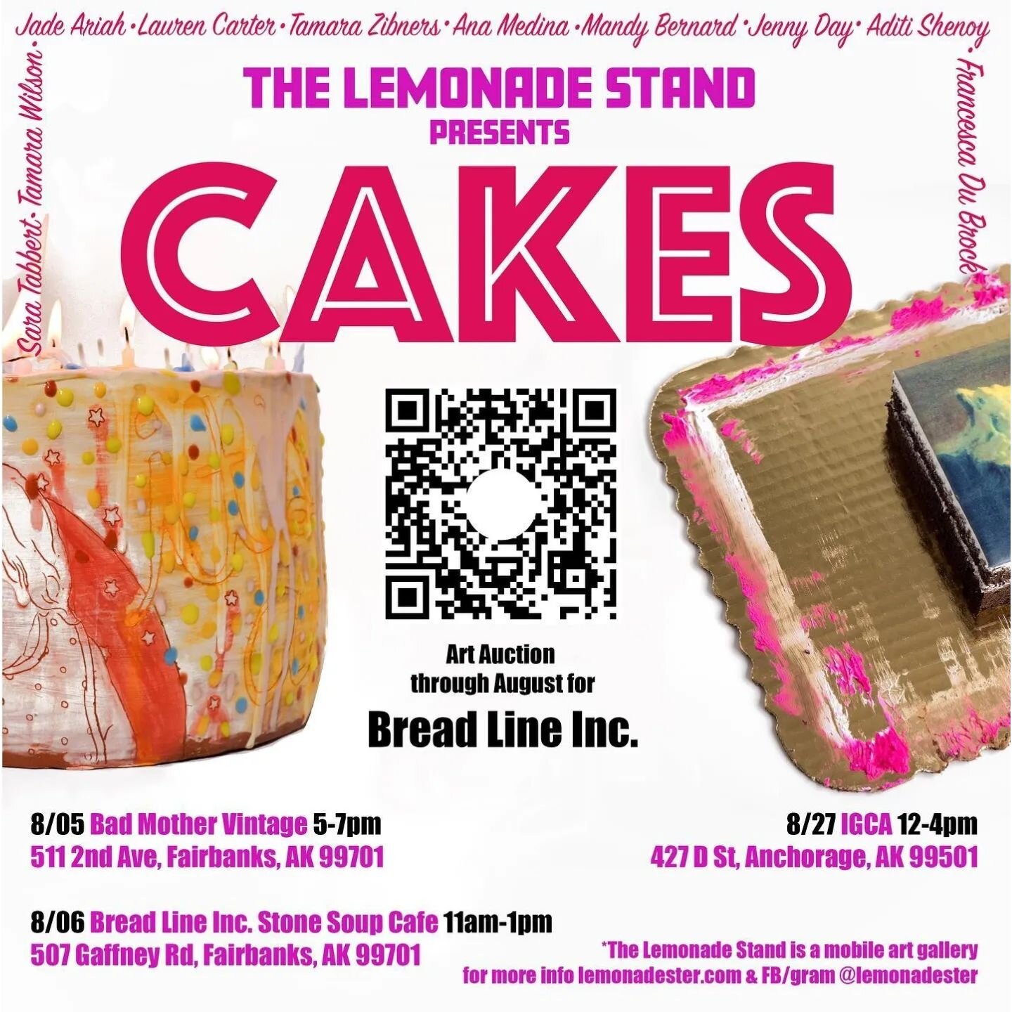 We'll be joining Fairbanks' Lemonade Stand at Sheila Wyne's studio from 6-10pm tonight(8/27). 2911 Willow St. 

You can also check out the Cake show @igca_alaska from 12-4pm

@lemonadester