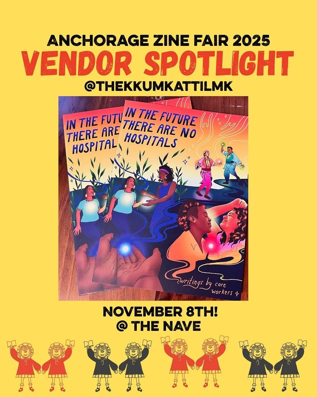 M. K. writes about care work, kink, relationships with land, and liberation. They’ll be sharing a few one-page zines—some of which aren’t fit for the internet—alongside their more robust collaborative zine, In the Future There