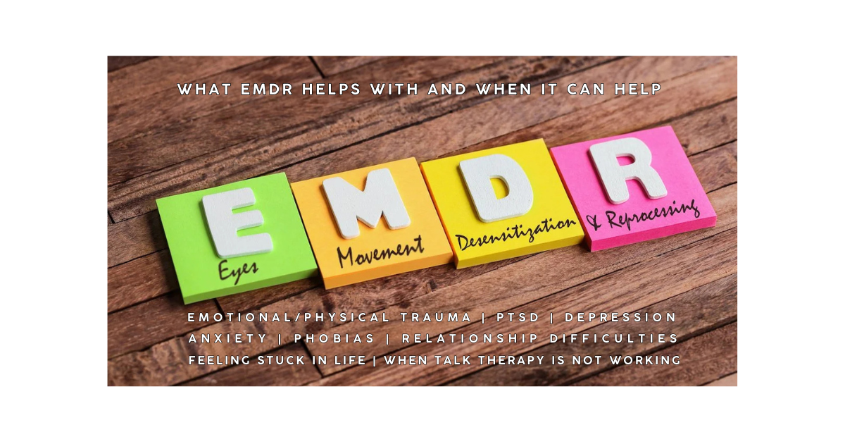 Colorful blocks spelling out E M D R, with additional words Eyes, Movement, Desensitization, and Reprocessing written on the blocks.