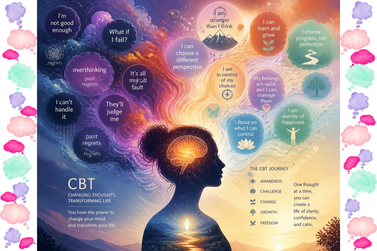 Illustration of Cognitive Behavioral Therapy (CBT) and mindfulness showing the shift from negative thought patterns to healthier thinking, emotional balance, and personal growth.