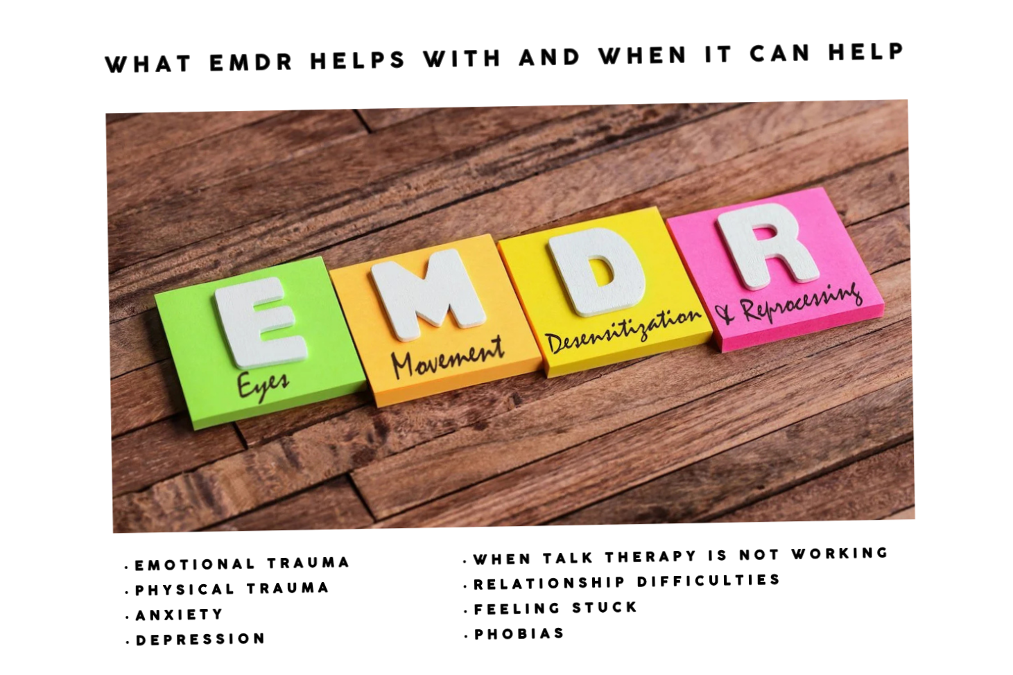 Colorful blocks spelling out E M D R, with additional words Eyes, Movement, Desensitization, and Reprocessing written on the blocks.