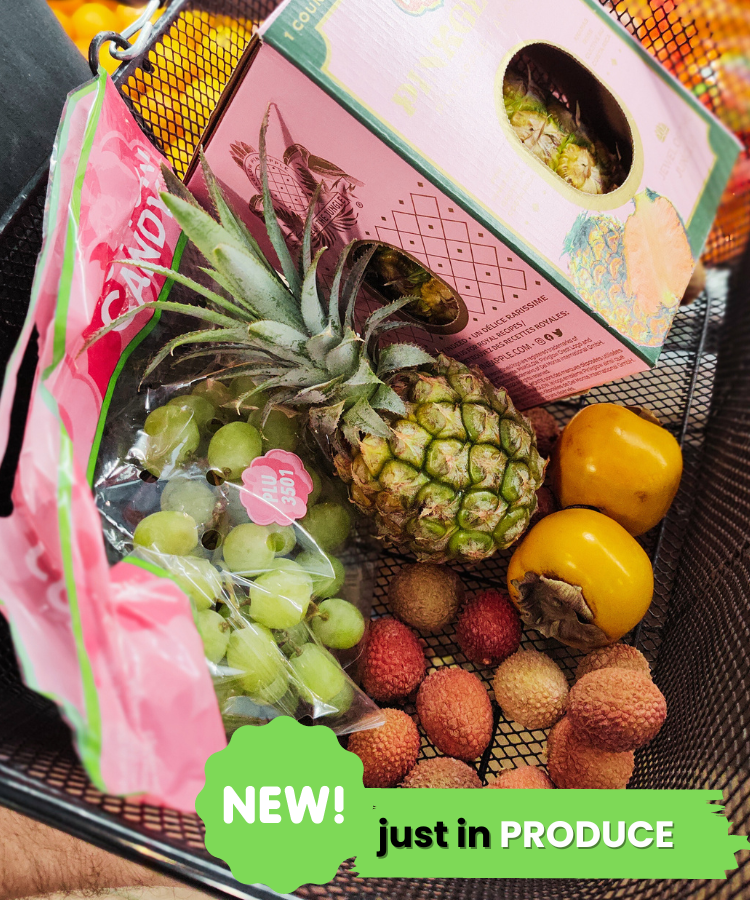 New Just in Produce Baby Pineapple pinkglow pineapple cotton candy grapes persimmonsLychee Nuts.png