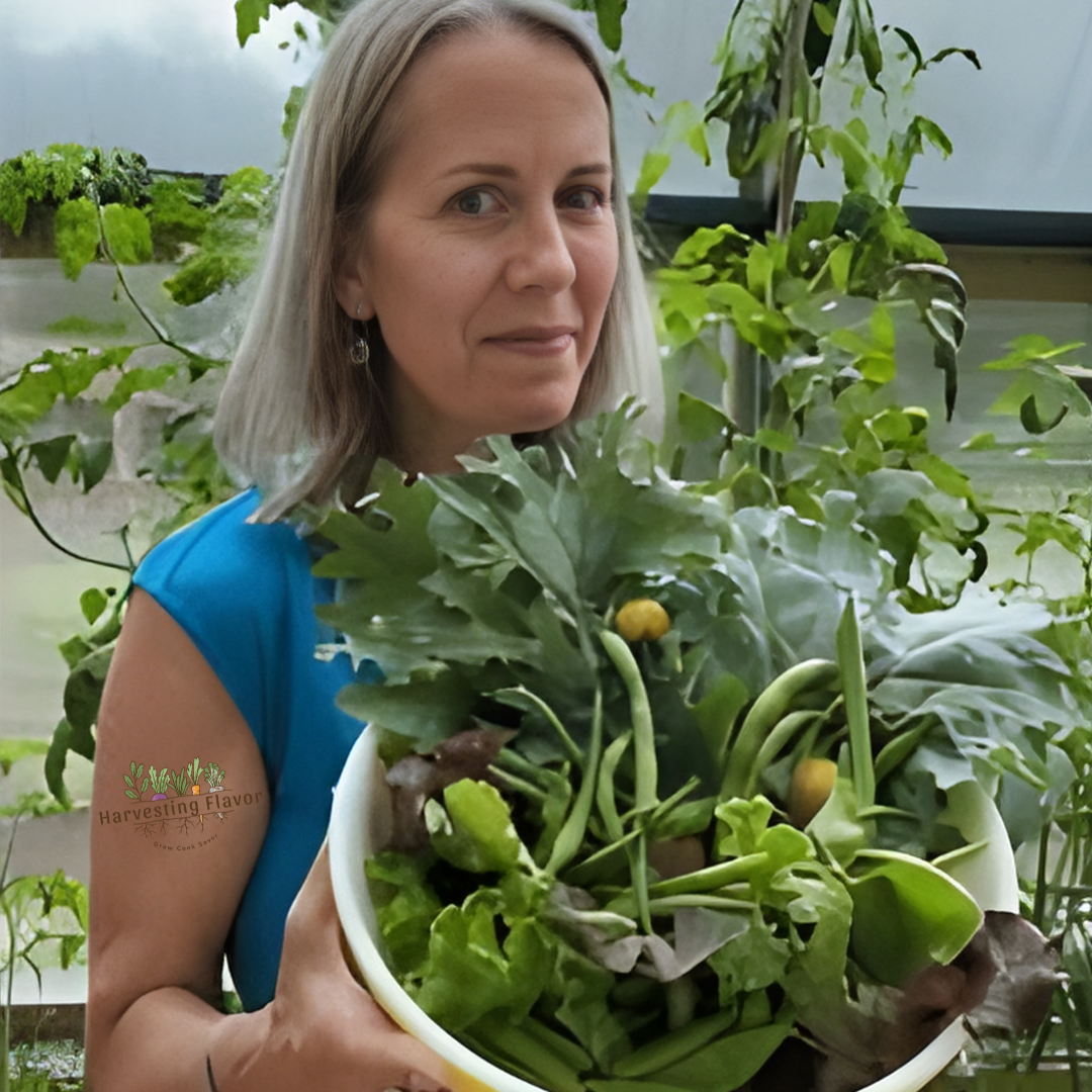 Jill Ahlstrand tending a garden and harvesting fresh produce