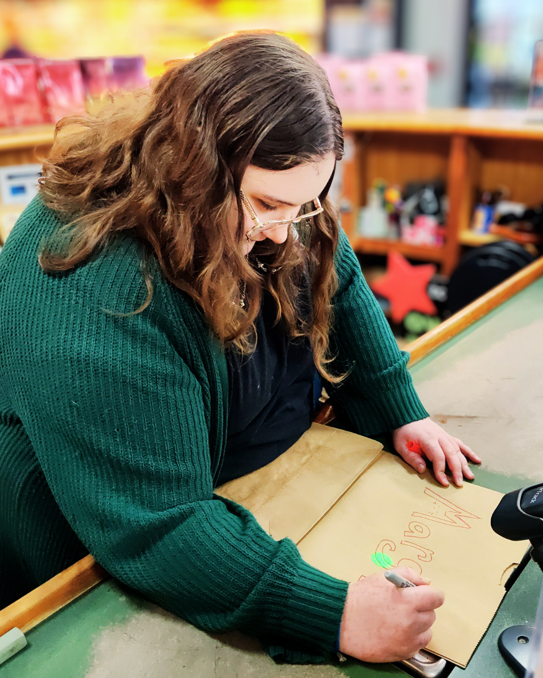 Shaleese creating Margots winners bag.png