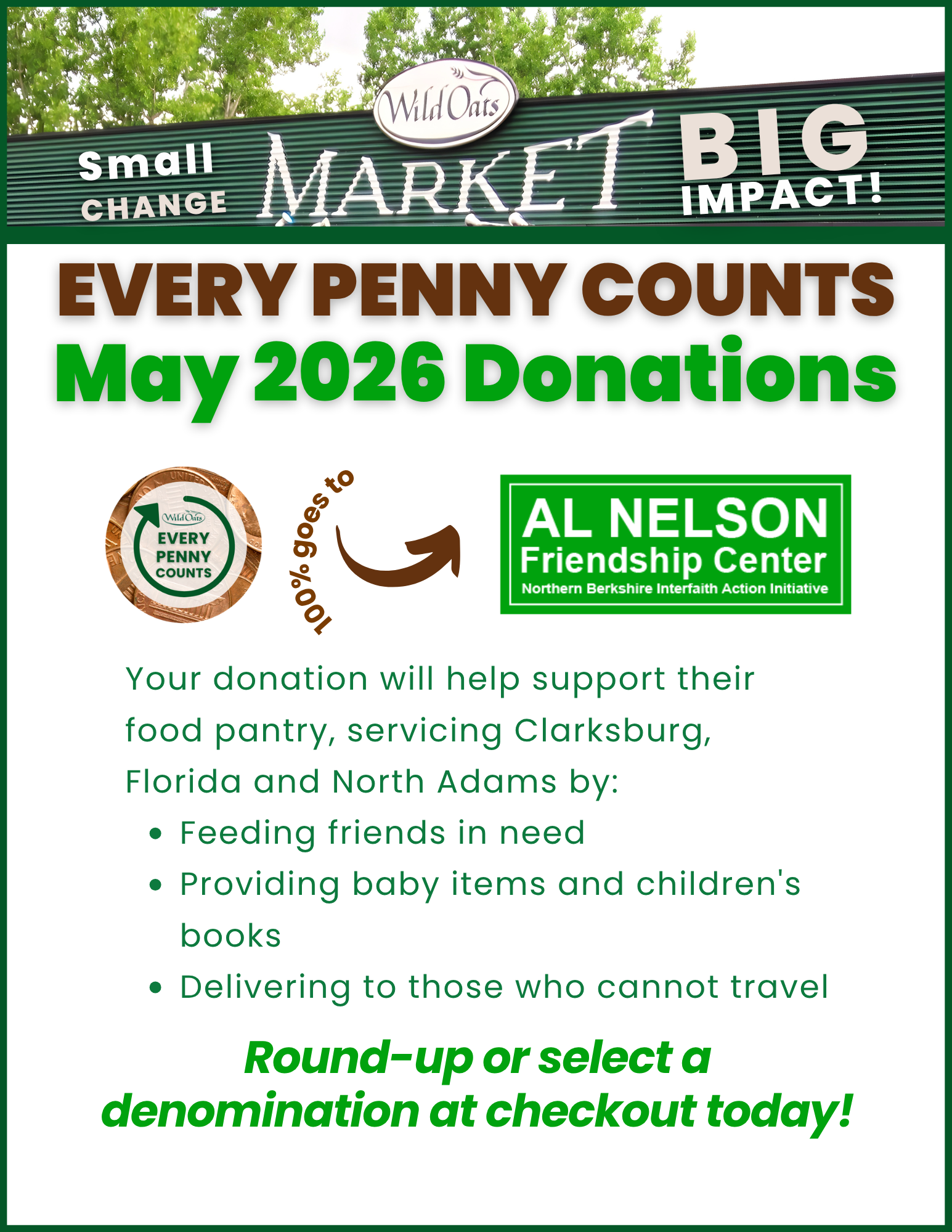 Every Penny Counts Wild Oats Market Flyer for May 2026 for Al Nelson Friendship Center Food Pantry