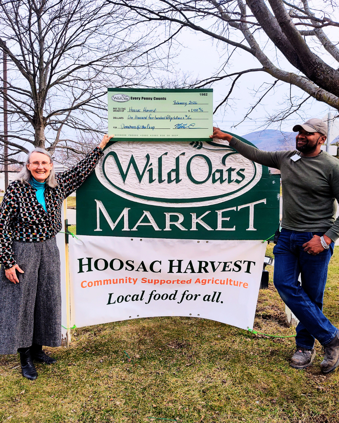 
Community support in action. Lee shared a heartfelt “thank you for your support!” as Netse, our General Manager of Wild Oats Market, presented Hoosac Harvest with a check for $1,450.76 - the total raised through our February Every Penny Counts progr