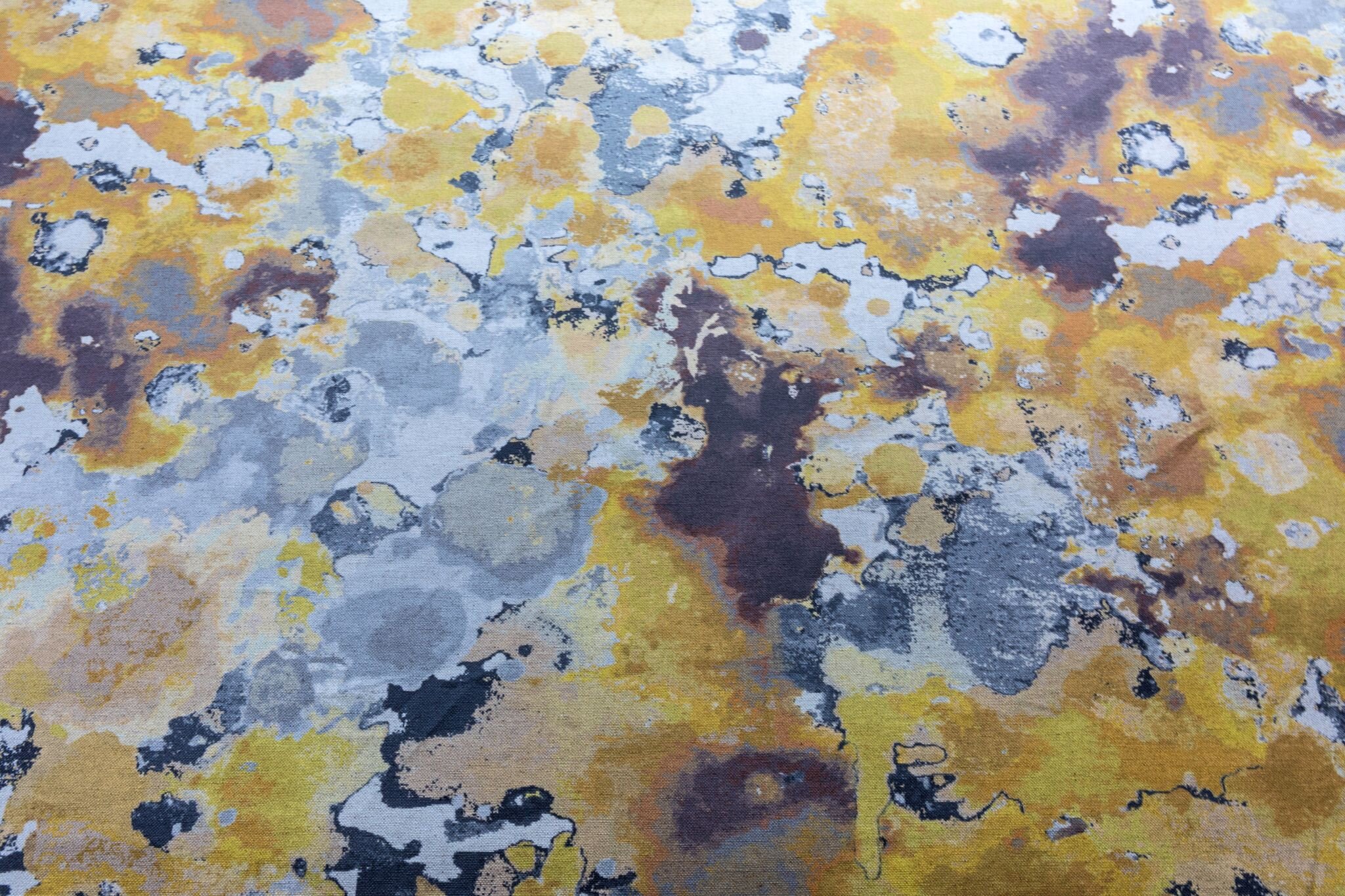 Alliga fabric by Tradescant and Son. Algae, rocks, seashore inspired textile design, linen watercolor fabric, linen cotton blend. Yellow, gold, marigold.