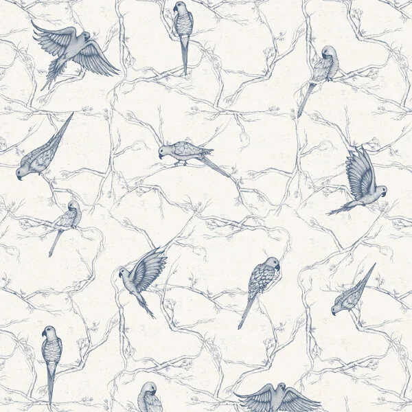 Blue Parakeet bird textile for home decor, parakeet fabric by tradescant and son, bird pattern fabric, bird print textile, linen fabric, hand drawn birds.