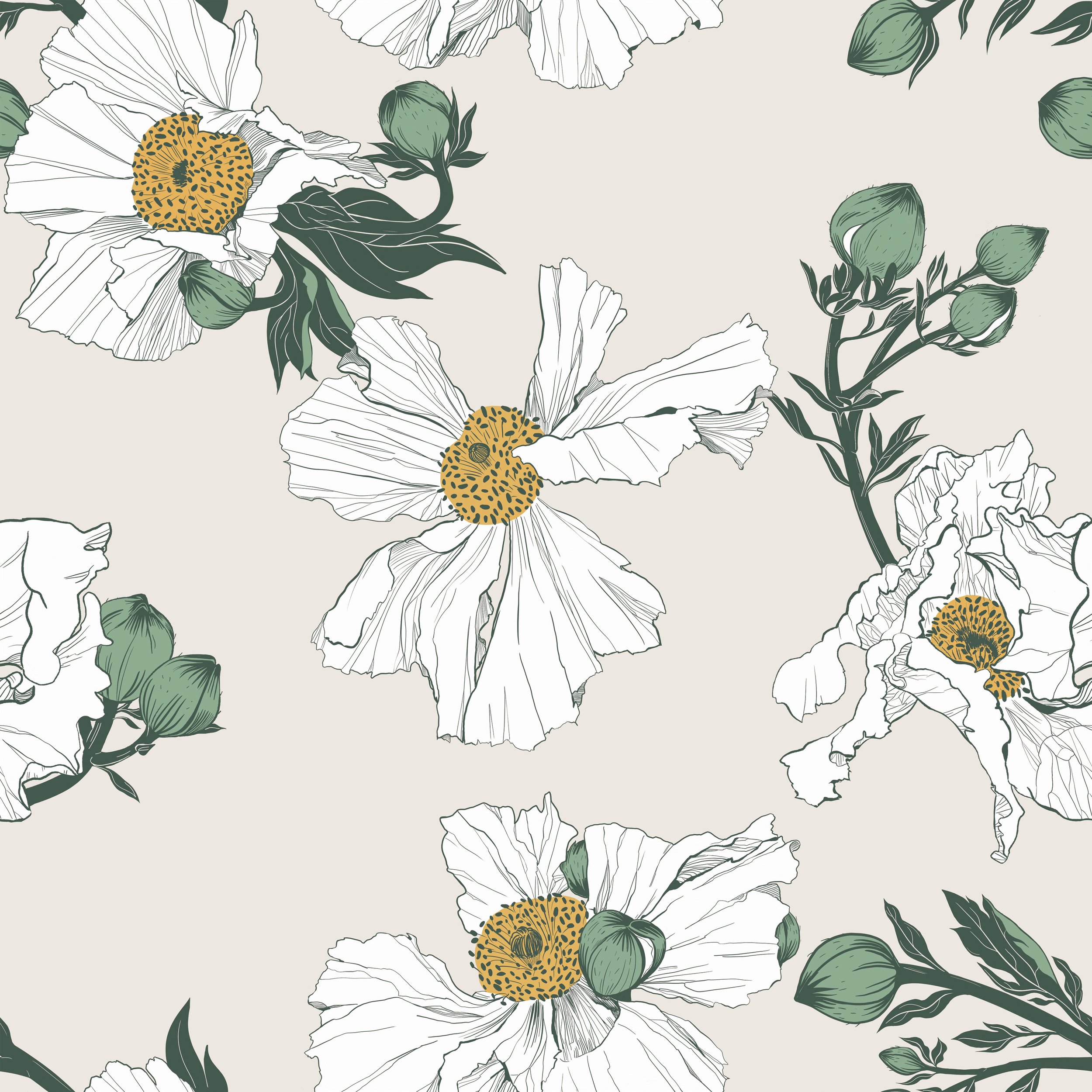 SAMPLE- Matilija Poppy Textile Natural. Hand-drawn pattern inspired by Matilija Poppies. Medium-weight, 100% linen fabric. Printed with eco-friendly, water based inks.