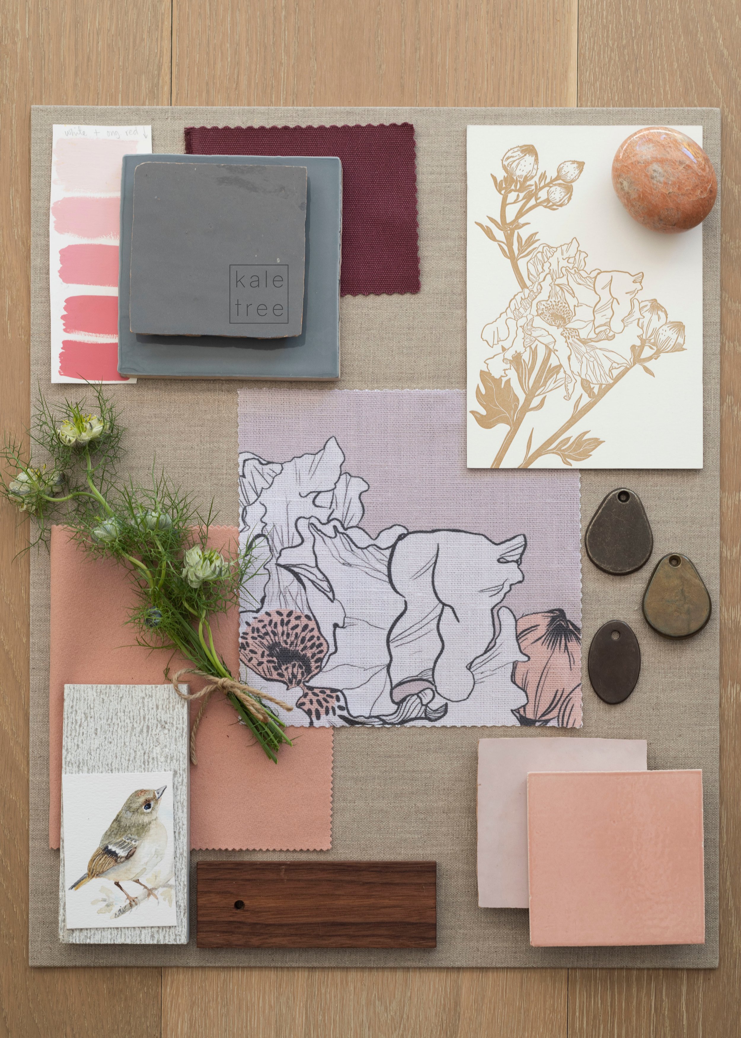 Matilija Poppy Textile in pink and white. California native flower patter on Belgian linen fabric. Eco-friendly. Displayed as design mood board layout.