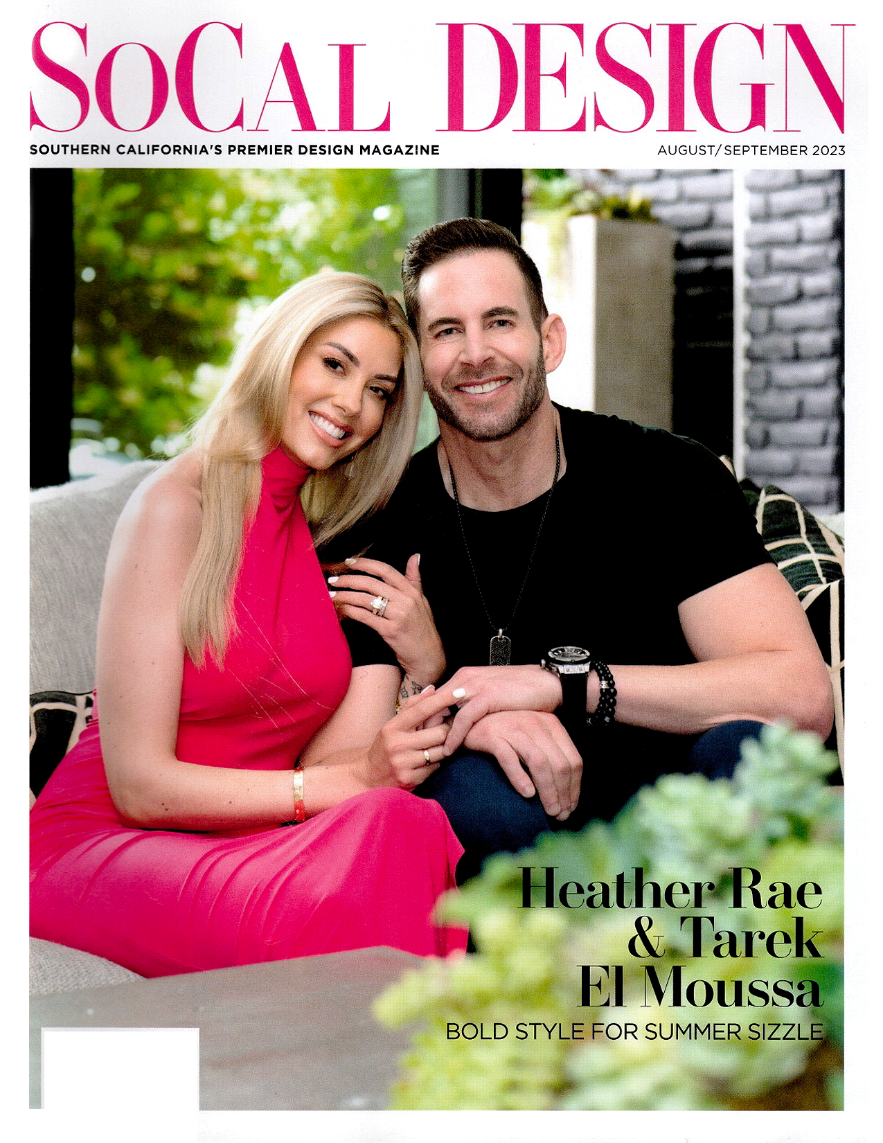 Magazine cover of SO CAL SOCIAL DESIGN with a photo of Heather Rae and Tarek El Moussa smiling, sitting closely together on a couch, with greenery visible in the background.