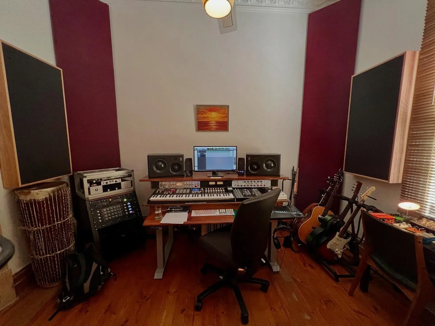 Recent acoustic treatment of a high end home control room for a client in Adelaide.  Featuring corner sub bass- bass absorbers.  Hardwood framed &amp; fabric wrapped bass-mid absorbers,  hardwood framed &amp; fabric wrapped mid-high absorbers. &amp; 
