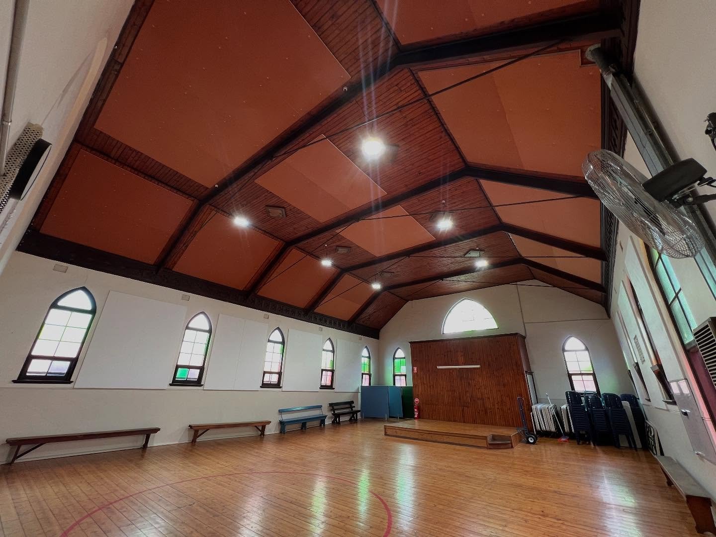Acoustic treatment supply and installation for Brunswick scout hall for noise reduction.  The building is an old church #exponentialacoustics #acoustics #churchacoustics #noisecontrol