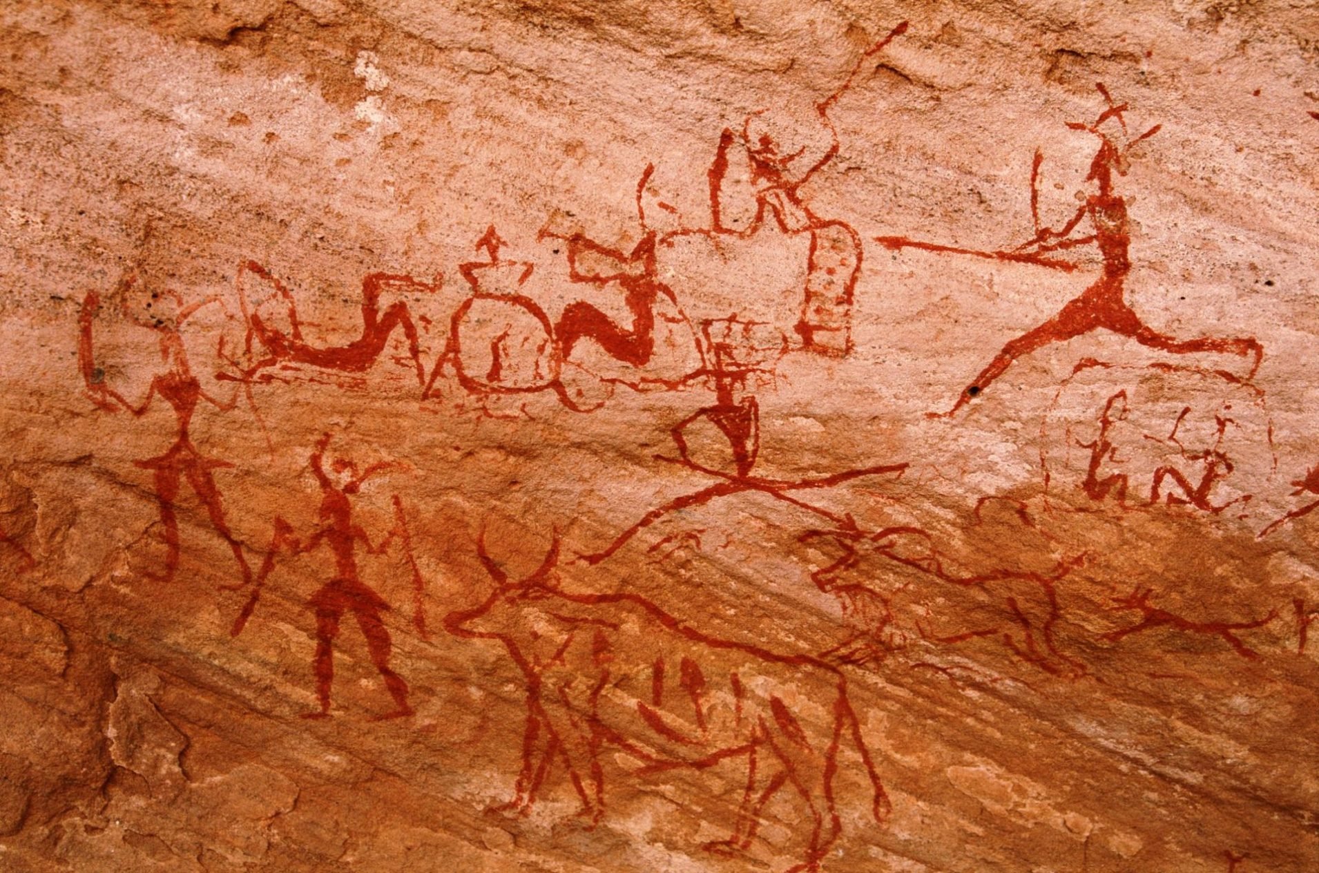  Cave paintings of hunters at Tadrart Acacus, Algeria. 