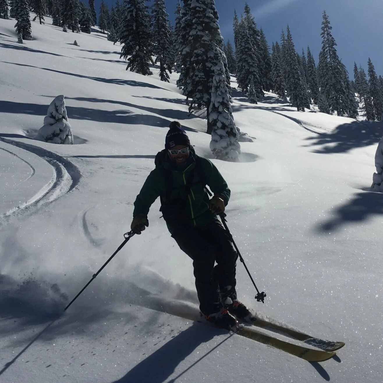 Chris Carr skiing in the Mount Shasta Backcountry on a powder day