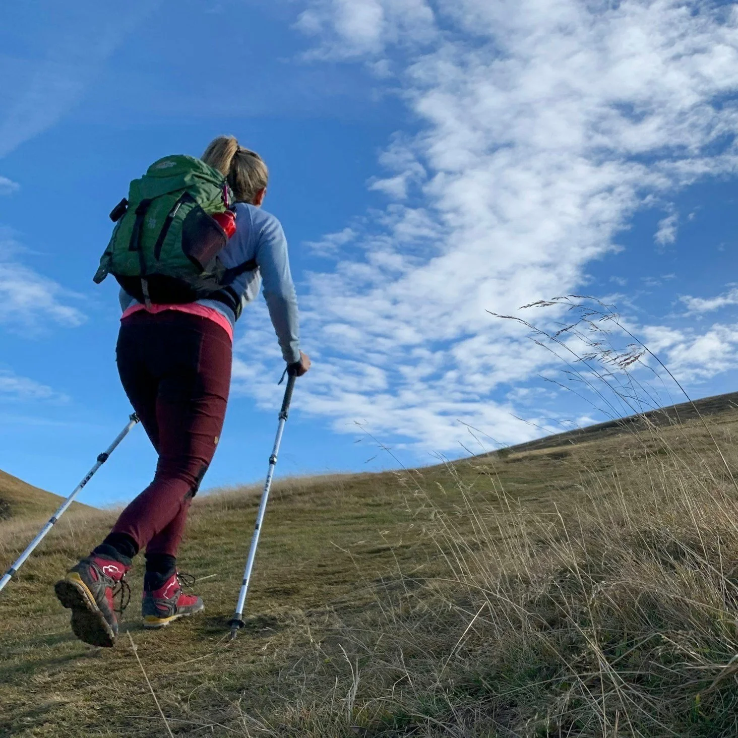 Uphill training hike with heavy backpack and poles training for mountaineering