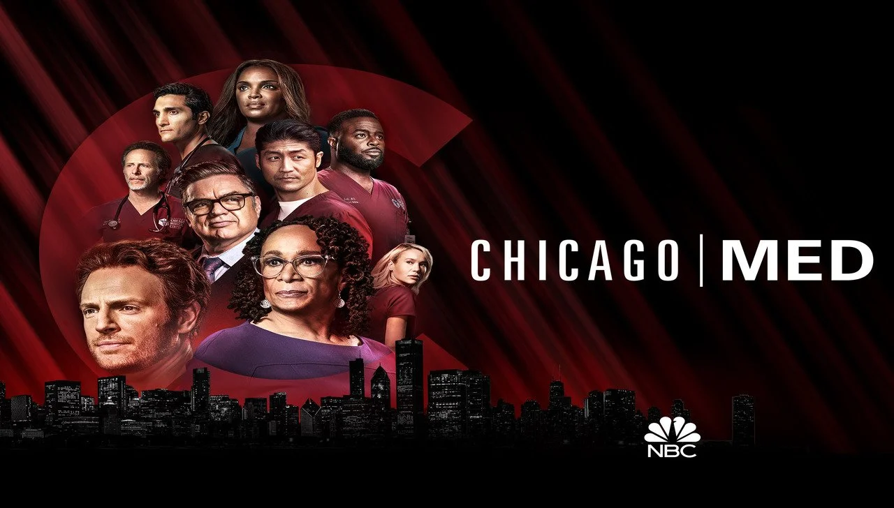 Poster for the TV show 'Chicago Med' featuring nine diverse characters, a dark city skyline, and the NBC logo.