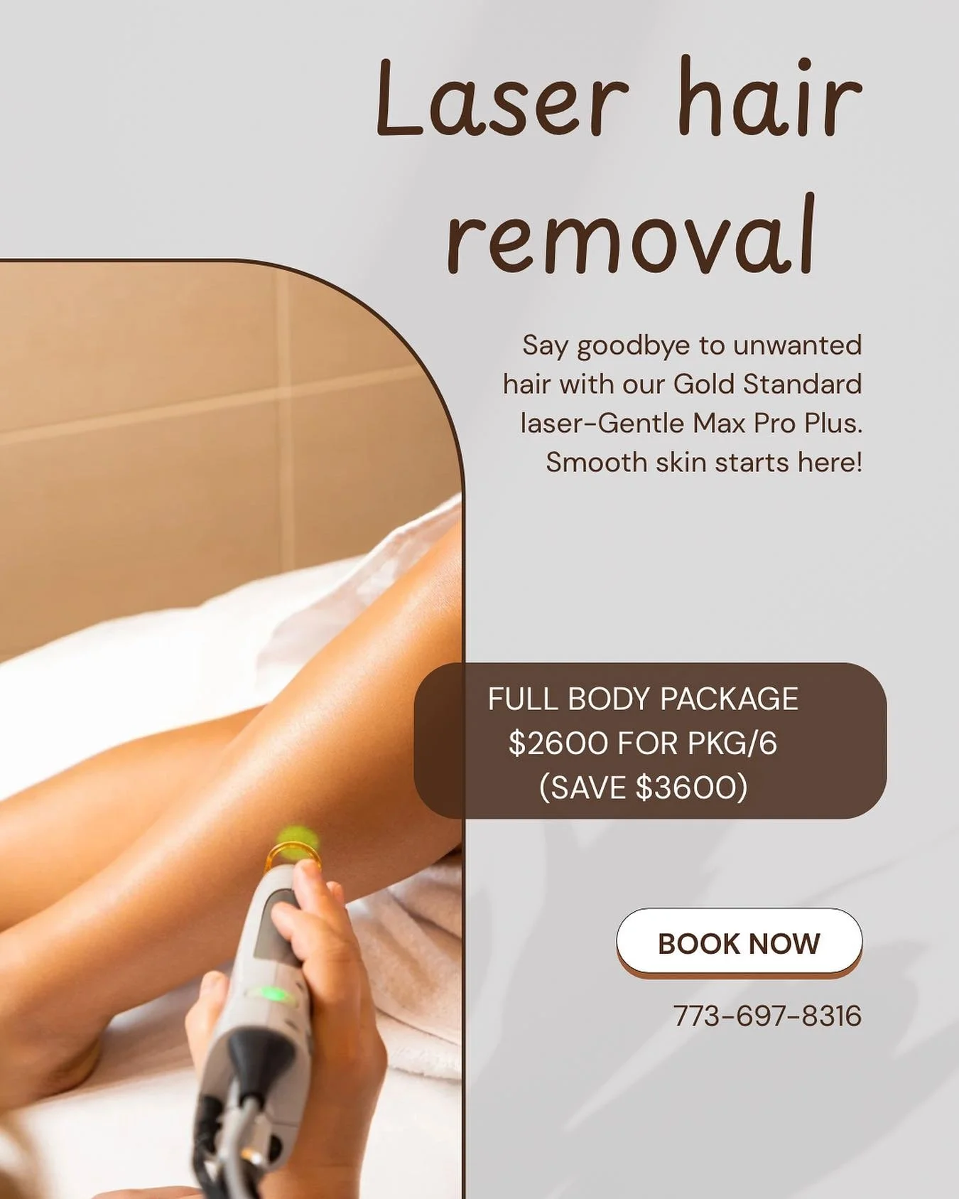 Flash Sale⚡️Laser Hair Removal 
💫Buy package of 6 for any area, get extra 2 sessions 
💫Full body $2600 for 6 sessions. (Save $3600. Valid until 9/11) 

☎️ to book your appointment today (773) 697-8316

#LaserHairRemoval #laser #hairfree #smoothskin