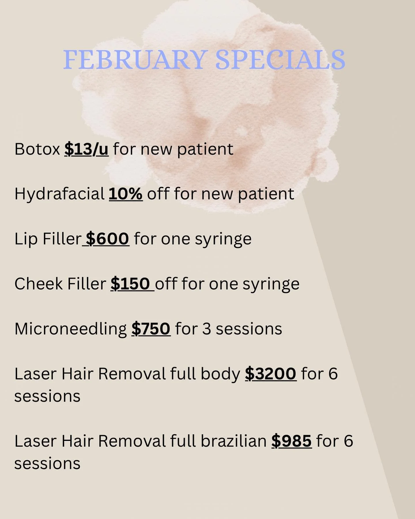 February Specials 🛍🌟

☎️ us at (773) 697-8316 if you&rsquo;d like to schedule an appointment! 

#specials #monthlyspecials #februaryspecial #medspaspecials #lipfillerchicago #microneedling #fillers #botoxchicago #medspawickerpark #medspachicago #la