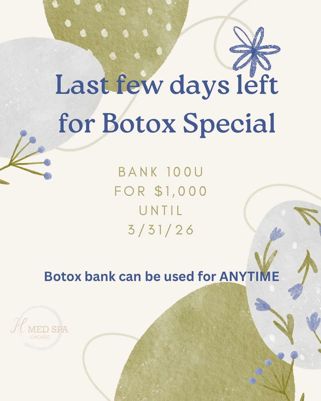 Botox Special 🔚🔜 

Bank 100u for $1,000 until 3/31/26 and can be used for ANYTIME.

Call or email us to purchase! 

☎️ (773) 697-8316 
📧 1755chi@hmedicalspa.com

#botoxspecial #medspaspecials #tox #botoxchicago #medspachicago #chicago #weekendchic
