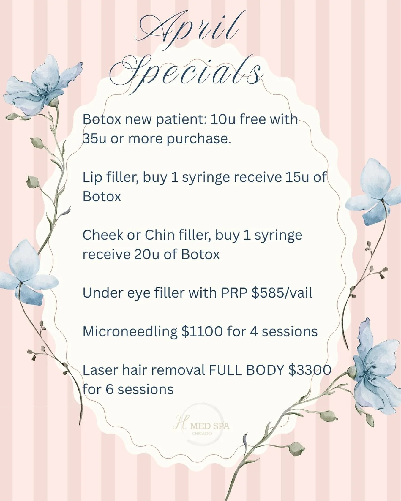 April Specials 🛍🤍 

Call us to schedule an appointment!
☎️(773) 697-8316 

#monthlyspecials #aprilspecials #specials #spring #medspaspecials #medspachicago #medspa #hmedspa #betteryou #lookbetter #feelbetter #selfimprovement #dailymaintenance