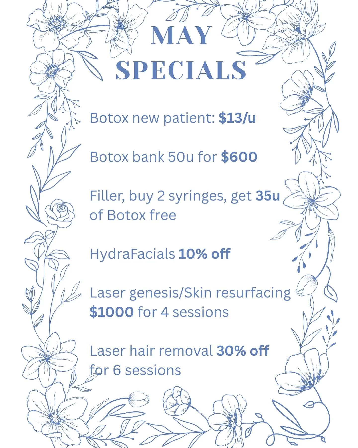 May Specials 🛍‼️ 

#mayspecials #mothersday #mothersdayspecial #medspaspecials #botox #lipfillerchicago #medspachicago #wickerpark