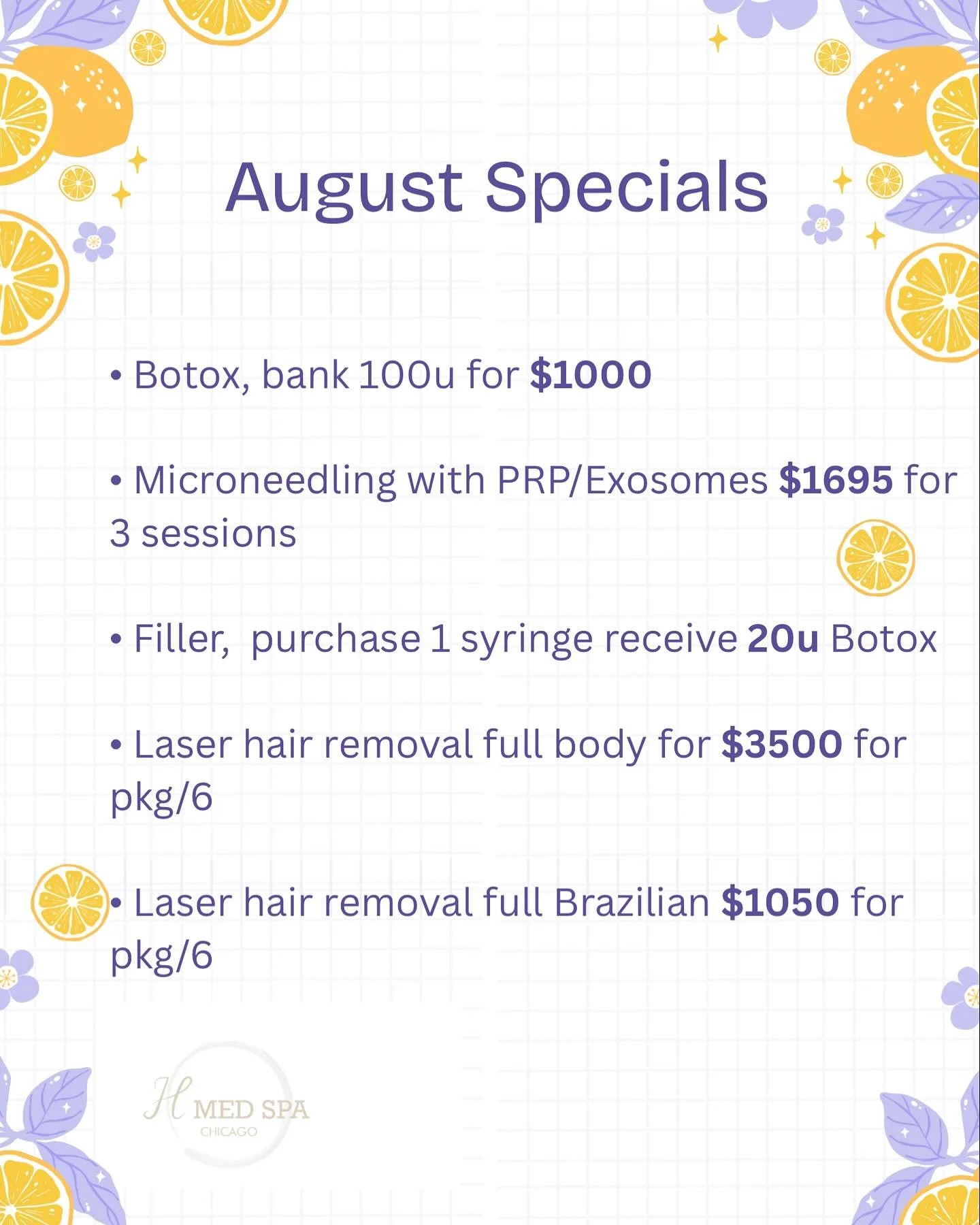 August Specials! 🦢🌈🩵

Call us to schedule an appointment. 📲 (773) 697-8316

#monthlyspecial #augustspecials #MedspaChicago #BetterYou #SelfConfidence #botoxchicago #md #nurseinjector