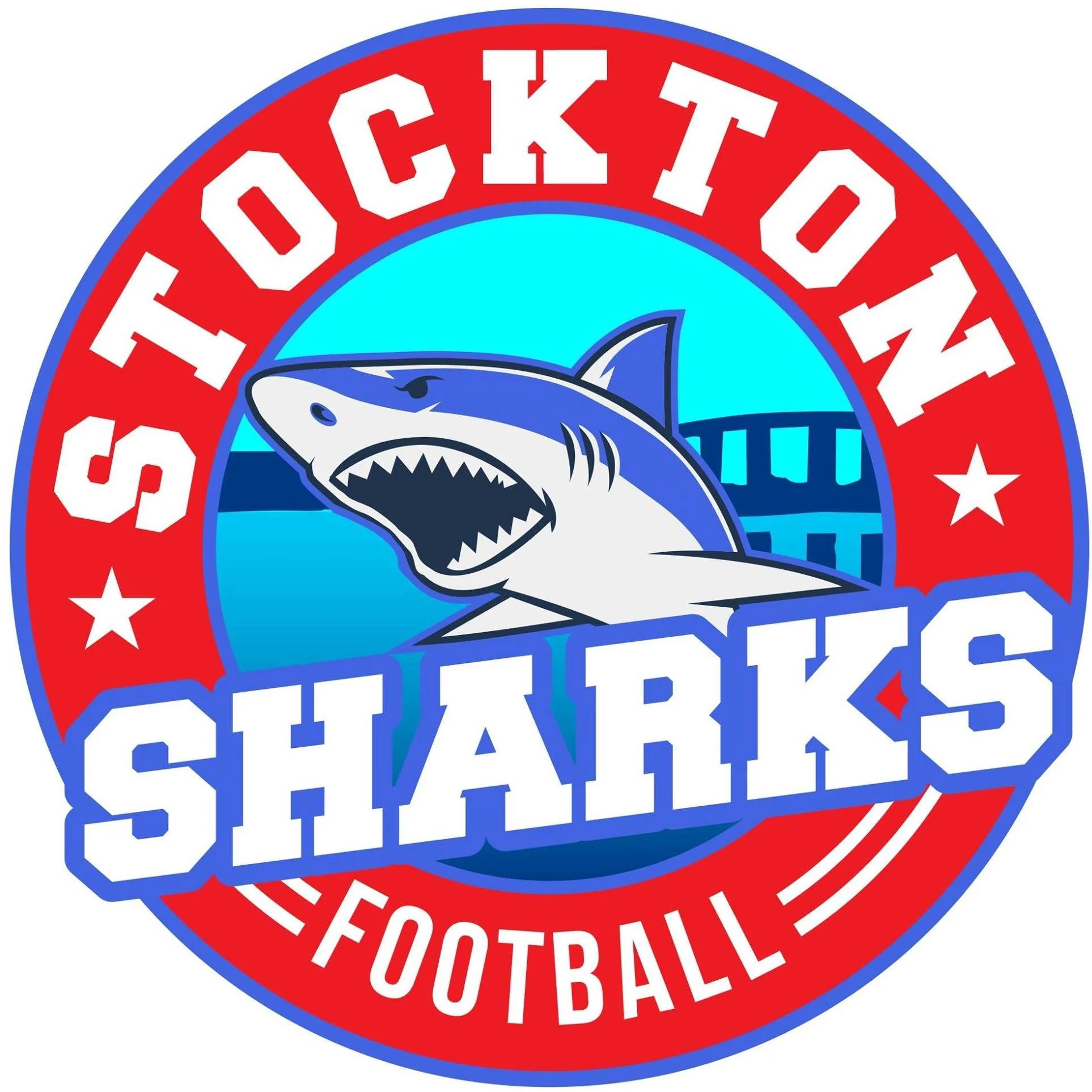 Logo of the Sanock Sharks football team featuring a fierce shark with an open mouth in front of a stadium, with the words 'Sanock Sharks' and 'Football' in bold letters.