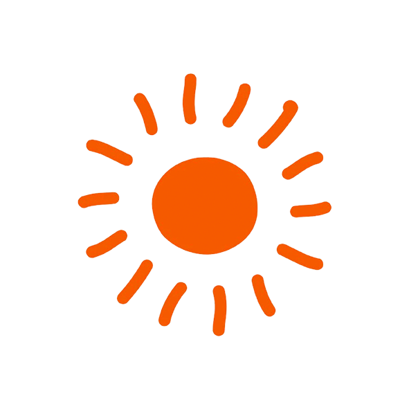 Orange and red stylized sun icon with a circular center and elongated rays on a white background.
