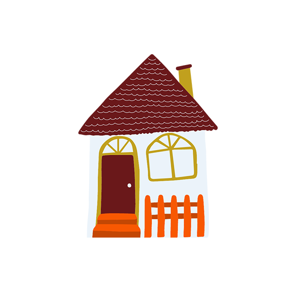 Illustration of a small house with a red shingled roof, yellow-framed windows, a brown door, orange steps, and a small orange picket fence.