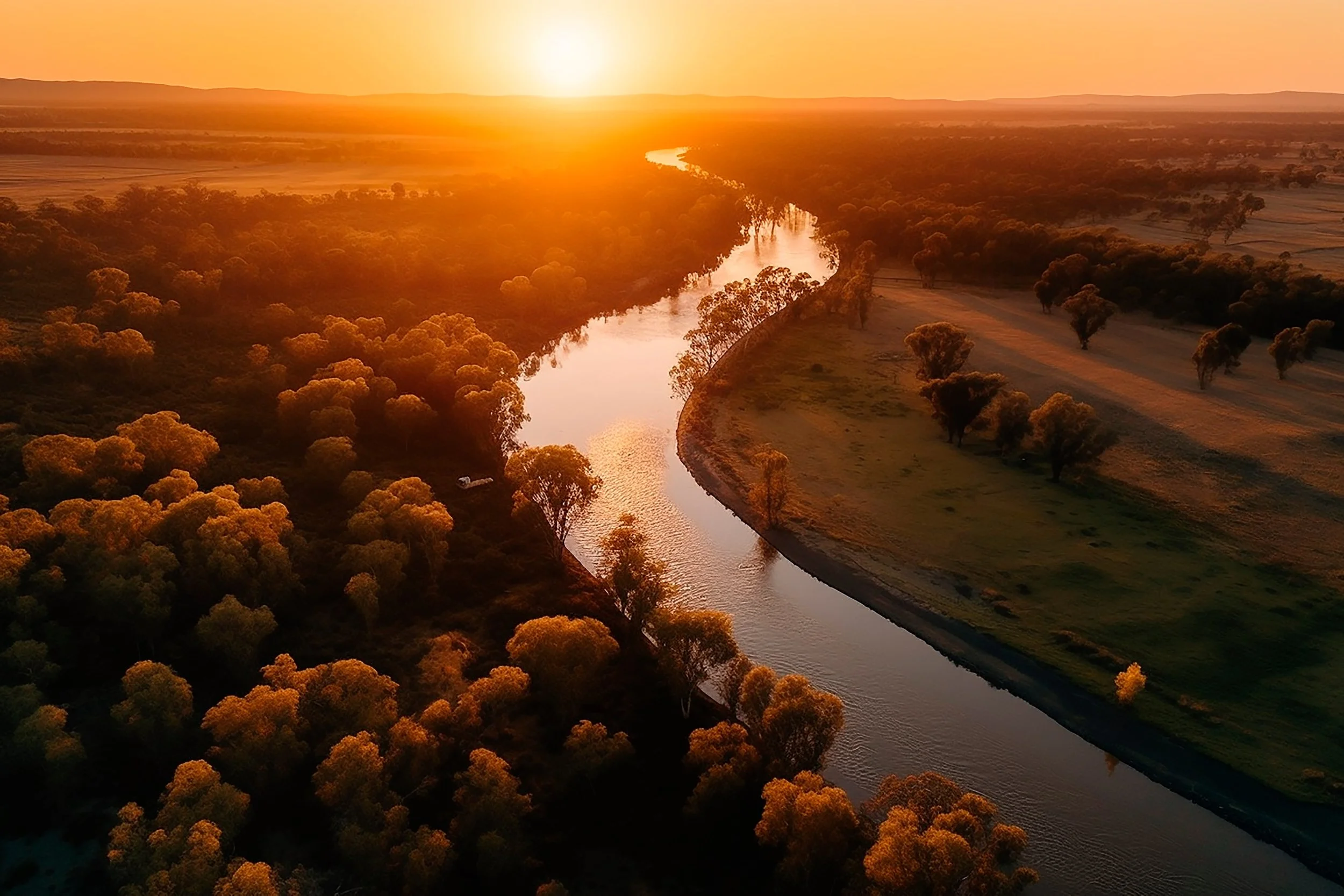 Aerial view of a meandering river through a landscape with trees and plains at sunset.