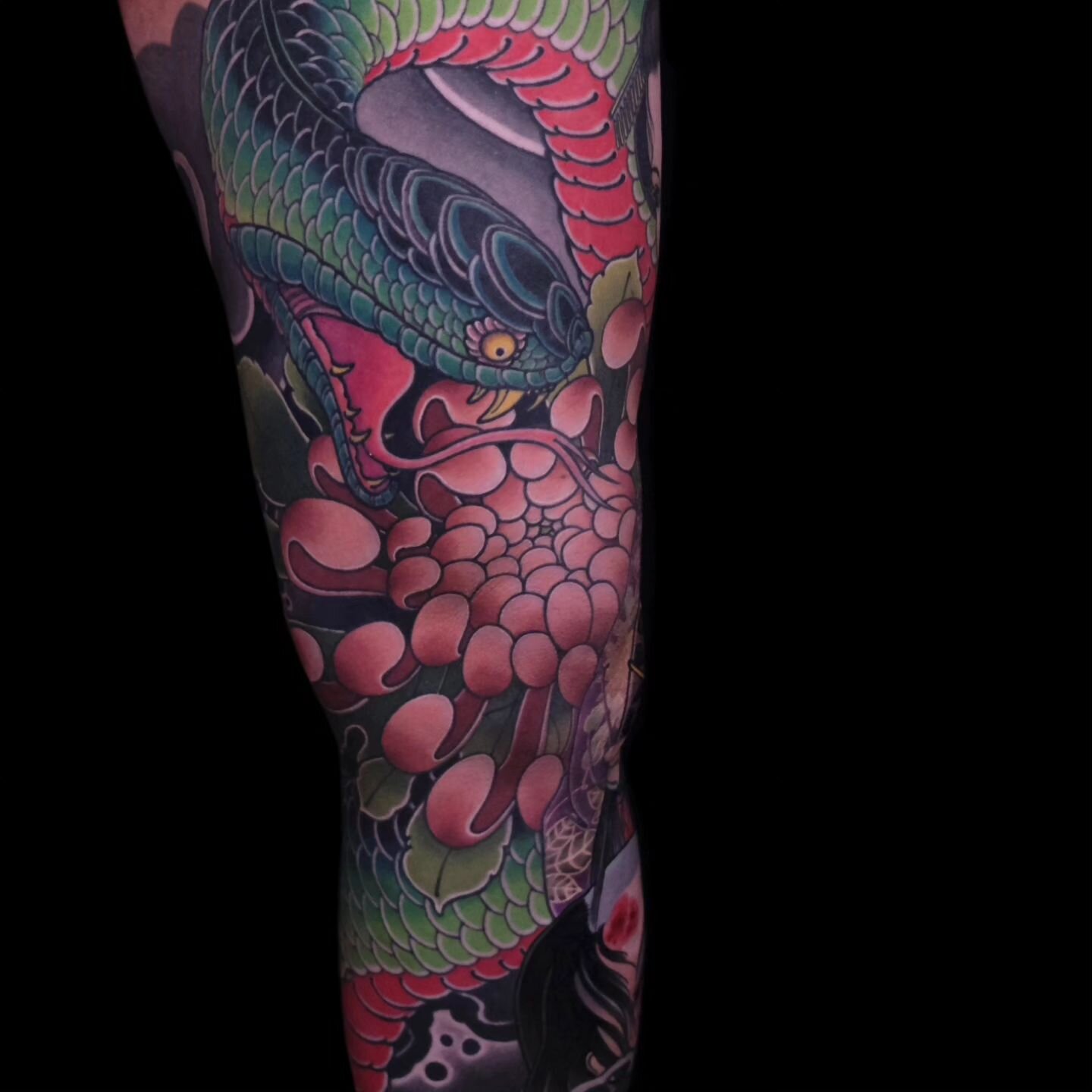 A Japanese leg sleeve tattoo done by @wildmonkey_katsu . Swipe to see the details 👉

#japanesetattoo #japaneseart #legsleevetattoo #snaketattoo #chrysanthemum #wildmonkeytattoo #namakubitattoo #japanesetraditionaltattoo #gouda #netherlands