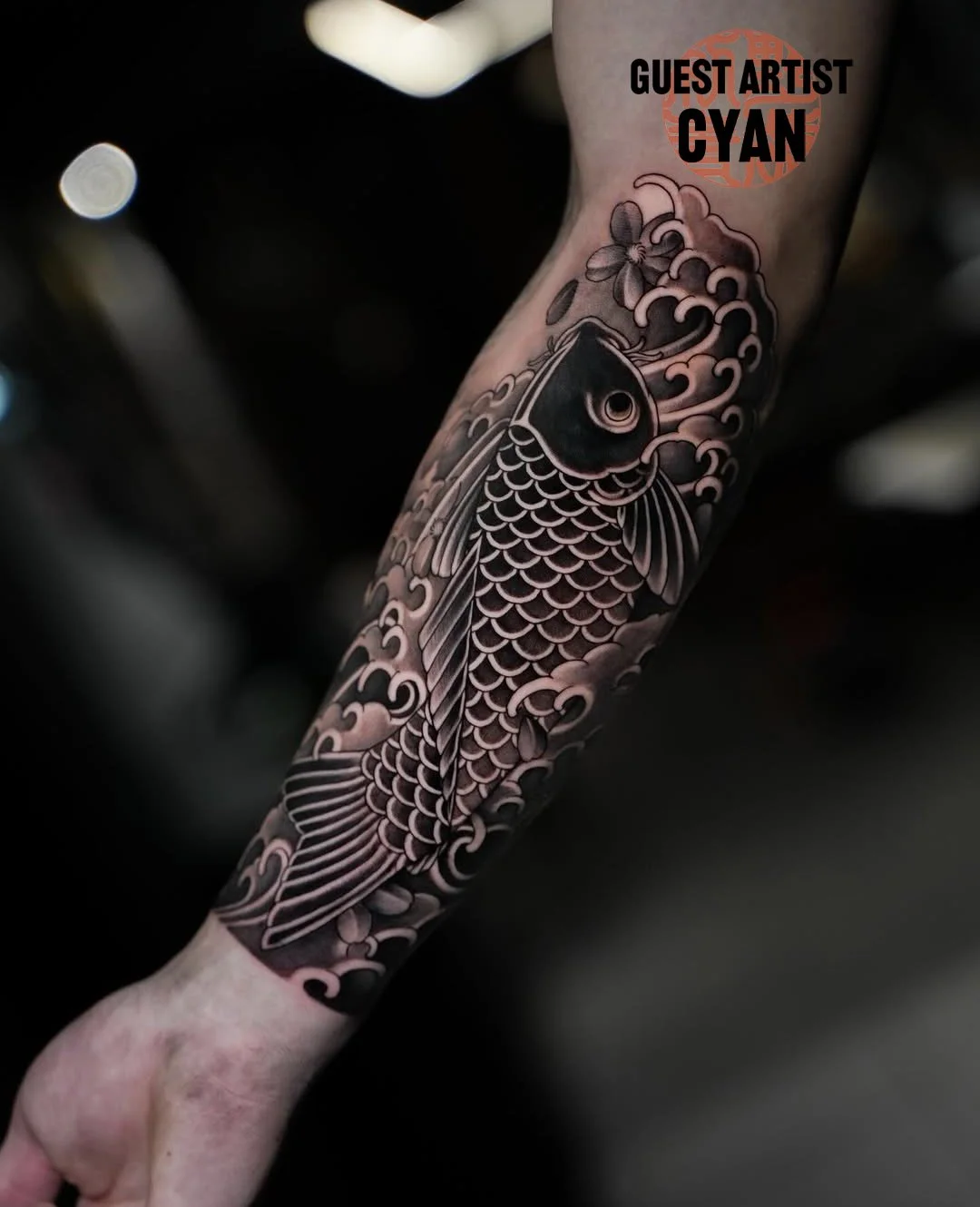 traditional Japanese black koi fish tattoo by Cyan