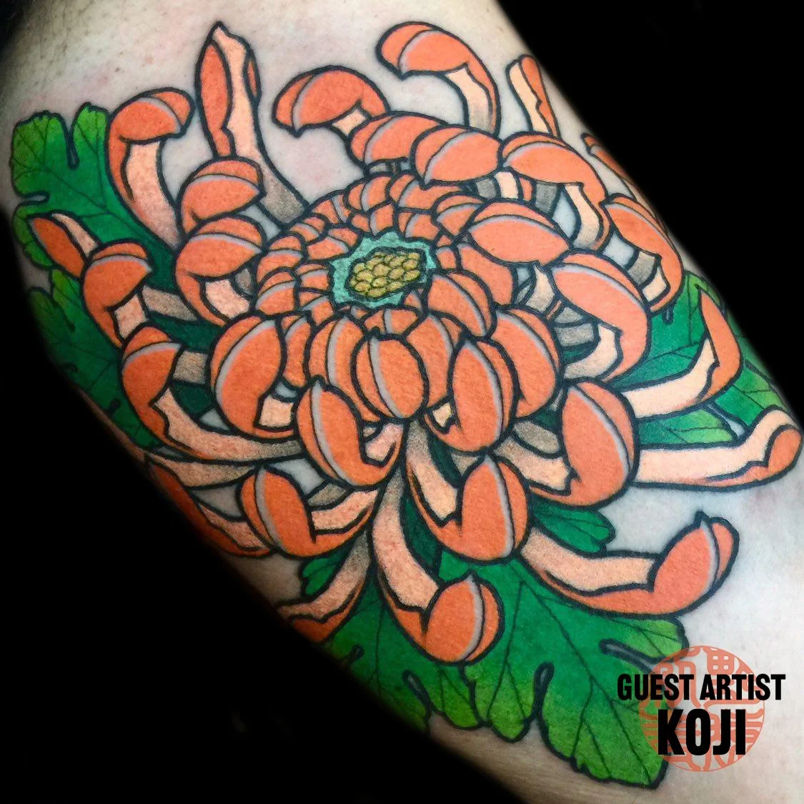 traditional Japanese chrysanthemum flower tattoo by Koji