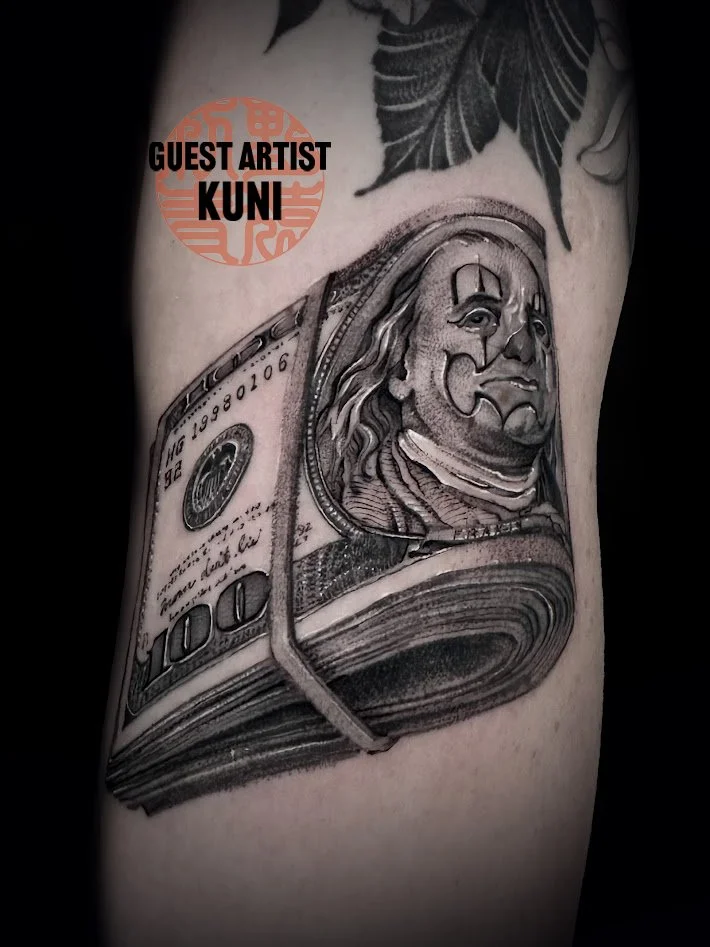 Black and gray Chicano style tattoo by Kuni