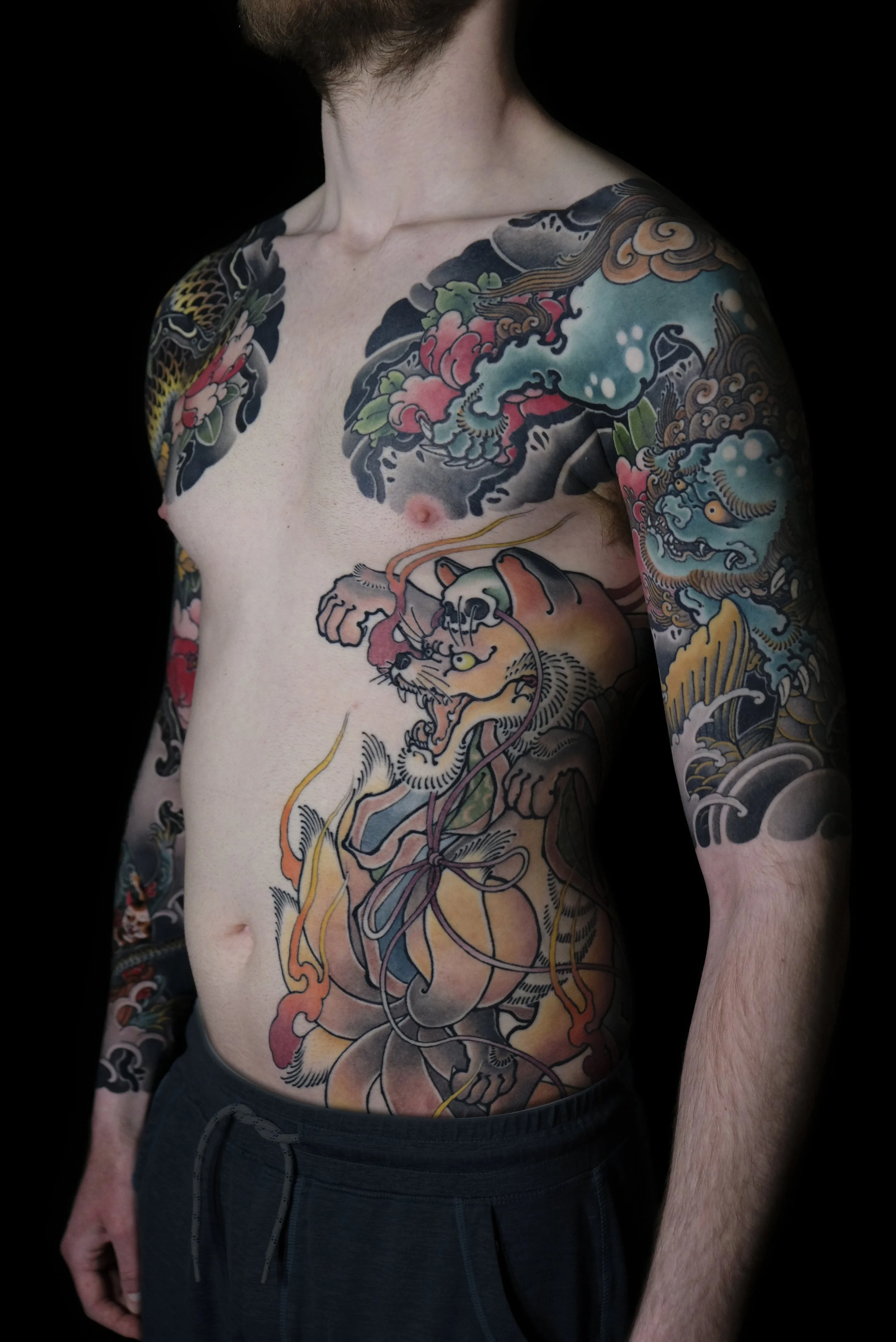 traditional Japanese Kara-shishishi botan and koi-fish sleeve and nine-tail-fox