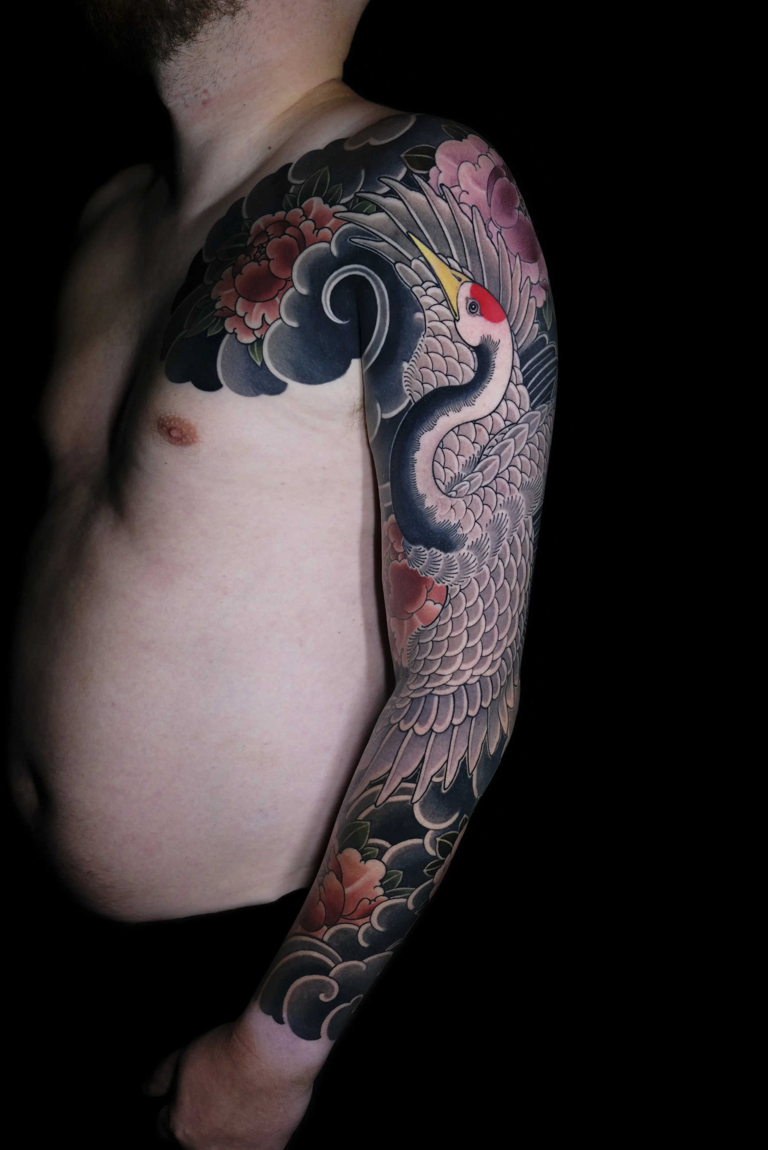 Tsuru, crane bird, traditional Japanese tattoos