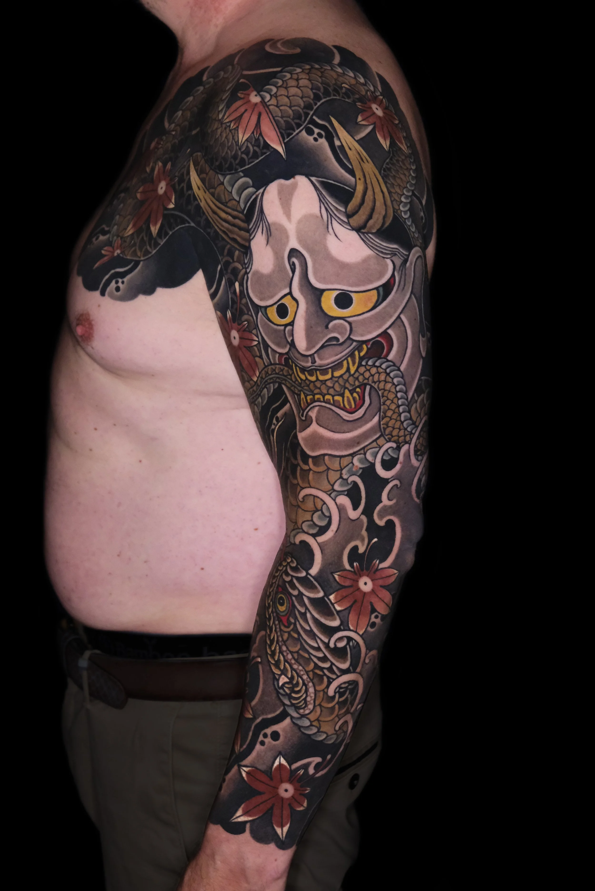 traditional Japanese tattoo, Hannya mask and snake sleeve