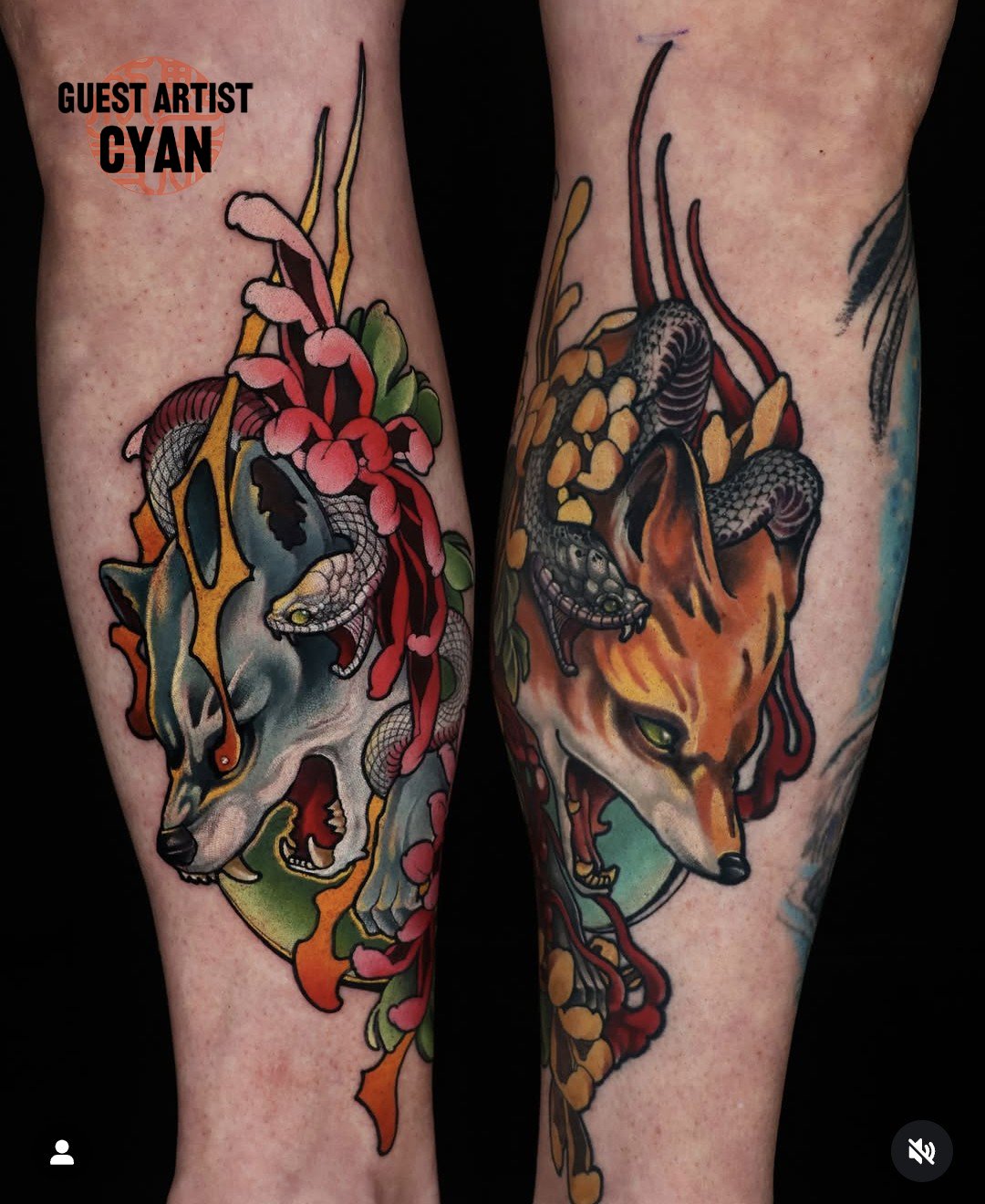 neo traditional wolf and fox tattoo by Cyan
